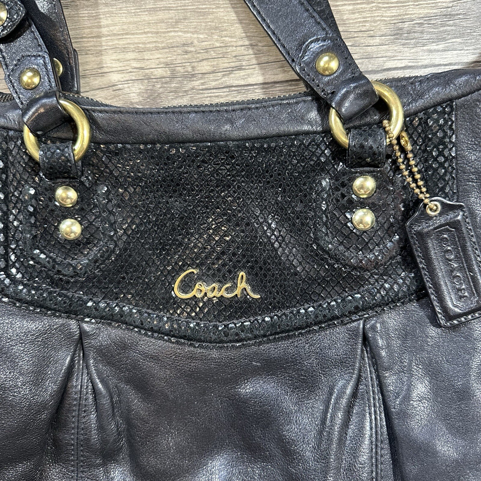 Coach Ashley Black Leather Python Trim Purse Shou… - image 2