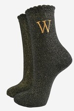 Women's Initial Glitter Socks in Gold Black Cotton UK 3-7 Ladies Sparkle Party