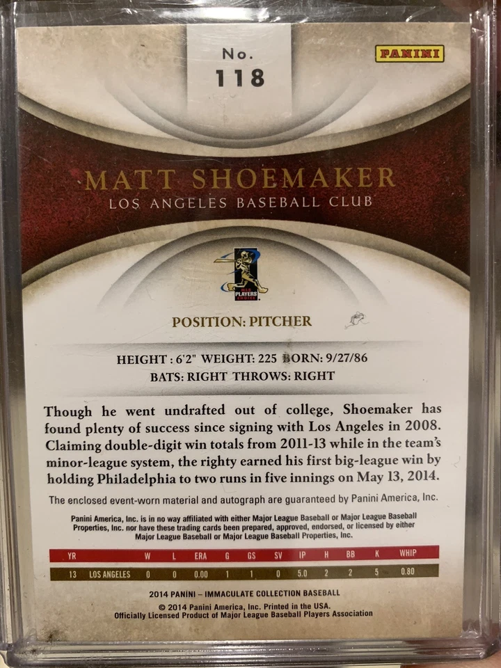 2014 Panini Immaculate Material Prime /99 Matt Shoemaker #118 Rookie Auto RC - Image 2 of 2