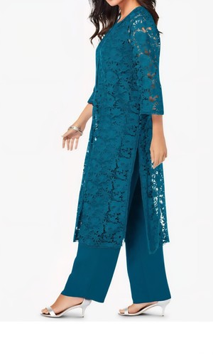 Roamans Vtg 2 Pc Lace Duster Layered Pant Suit Set Teal Womens 16W EUC - Picture 2 of 15
