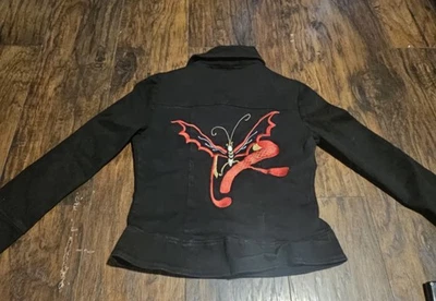 Vintage Y2K Meiside Black Denim Jacket Womens Large Embroidered Butterfly - Image 1 of 4