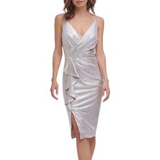 Eliza J Silver Metallic Waterfall Ruffle Midi Cocktail Dress Women's 6 NWT NYE
