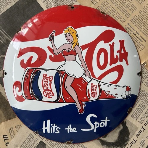 VINTAGE PEPSI-COLA SODA BEVERAGE DRINK 12 INCH CONVEX PORCELAIN ENAMEL SIGN