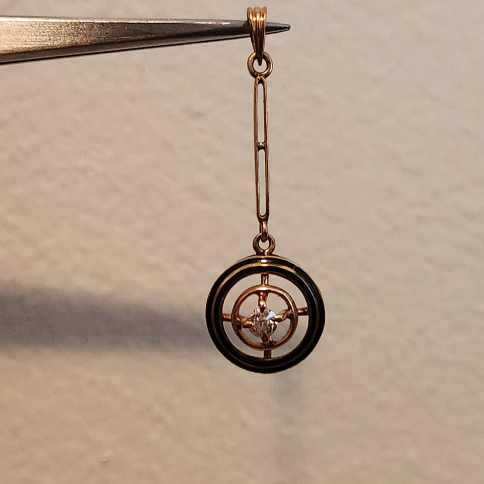 Vintage 10k Yellow Gold with Black Enamel and Diamond Lavalier Pendant - Image 3 of 4