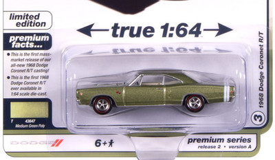 Auto World Vintage Muscle Medium Green Poly 1968 Dodge Coronet R/T 1:64 Car
