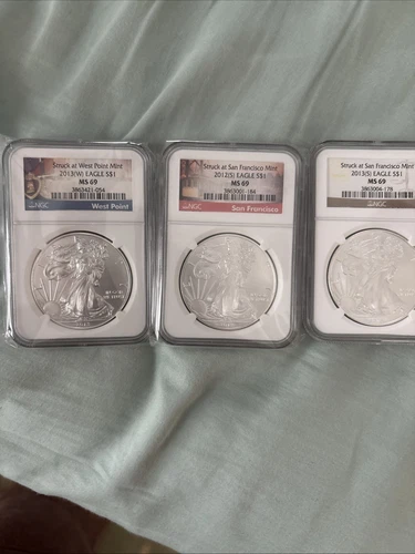2 2013 & 2012 S W Silver American Eagle 3 Mints Ms 69 Ngc Beauties