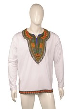 African Trim Long Sleeve T-Shirt for Men 100 Cotton Dashiki Patch Top, Africa