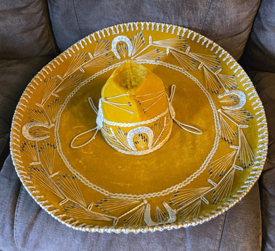 Vintage 1970's Authentic Mexican Sombrero Gold with Gold Thread 22'' diameter