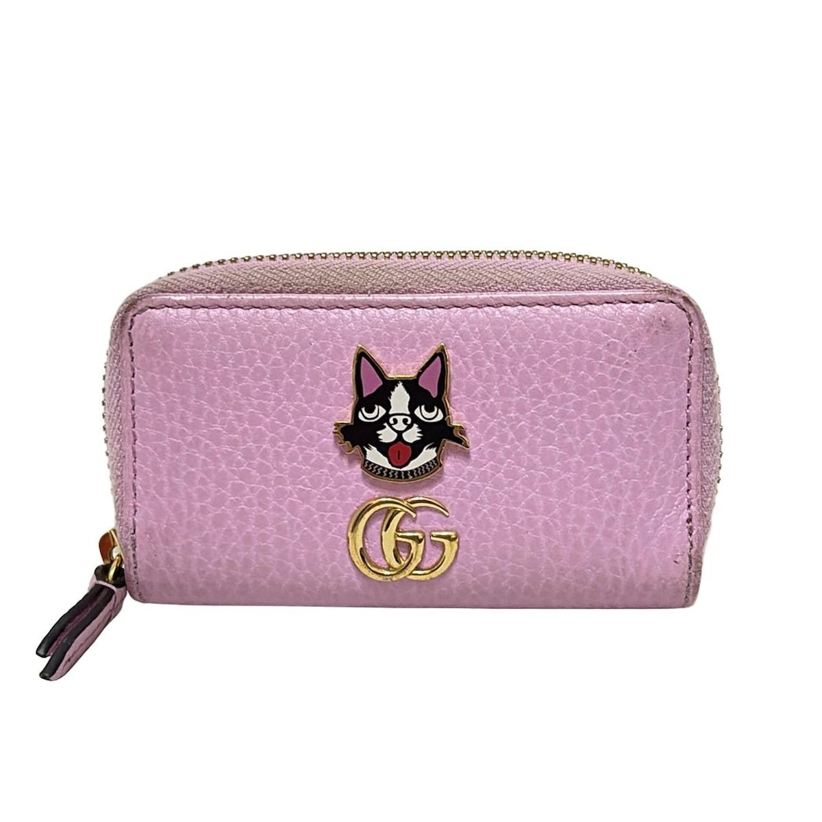 GUCCI Key Case Bosco GG Marmont Pink Round Zipper Leather Authentic