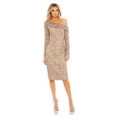 Mac Duggal Long Slv Sequin One Shoulder Midi Dress Copper 12