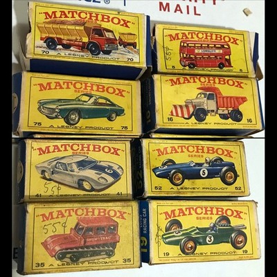 8 vintage UK Lesney Matchbox Toy Vehicles in BOXES - Nos. 35 19 52 41 16 75 5 70