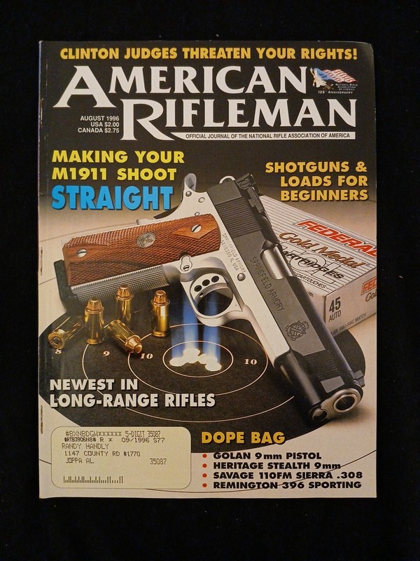 VINTAGE AMERICAN RIFLEMAN AUGUST 1996 MAKING YOUR M1911 SHOOT STRAIGHT