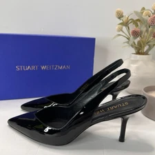 Stuart Weitzman Eva 75 Slingback Patent Leather Pumps Black SG902 Women 8.5B NWB