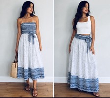 Monsoon 2 In 1 Midi Length Dress Or Maxi Skirt Blue White Cotton Boho Size XL