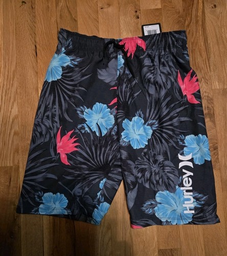 Hurley Swim Trunks Boys Size Large NWT Shorts 9.25 Inseam Black Aqua Pink - Picture 1 of 6