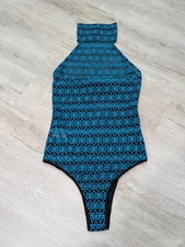 RTA Bodysuit Womens 2 Blue Teal Lace Sheer High Neck Geometric One Piece NWT
