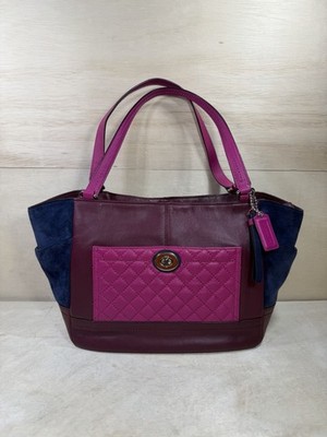 Coach Park Carrie Color Block Tote Handbag F24693 Burgundy Pink Navy Quilted