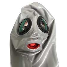 Grey Latex Hood Rubber Mask Eyes Glass Lens 15cm Long Nose Tube Red Teeth BDSM