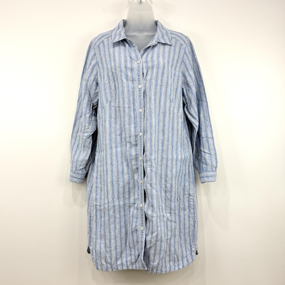 J Jill Dress Womens 1X Blue Striped 100% Linen Beachy Coastal Roll Tab  Button Up