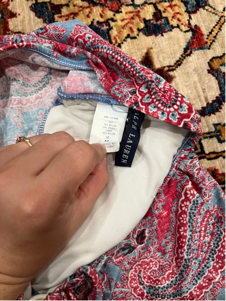 Ralph Lauren Paisley Tankini Top Blue Red Lace-Up Strapless Swim Size M - Image 2 of 4