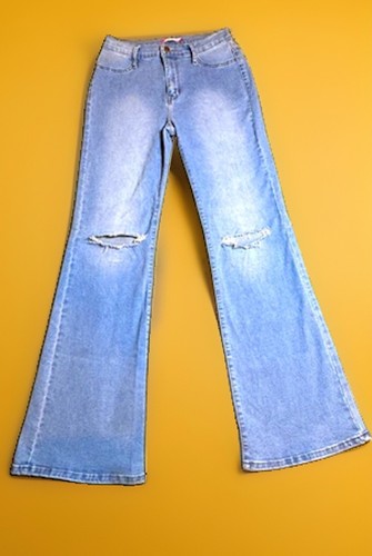 Y2K Vibe & Rant Ripped Bell Bottom Jeans High Rise Light Wash Distressed Grunge