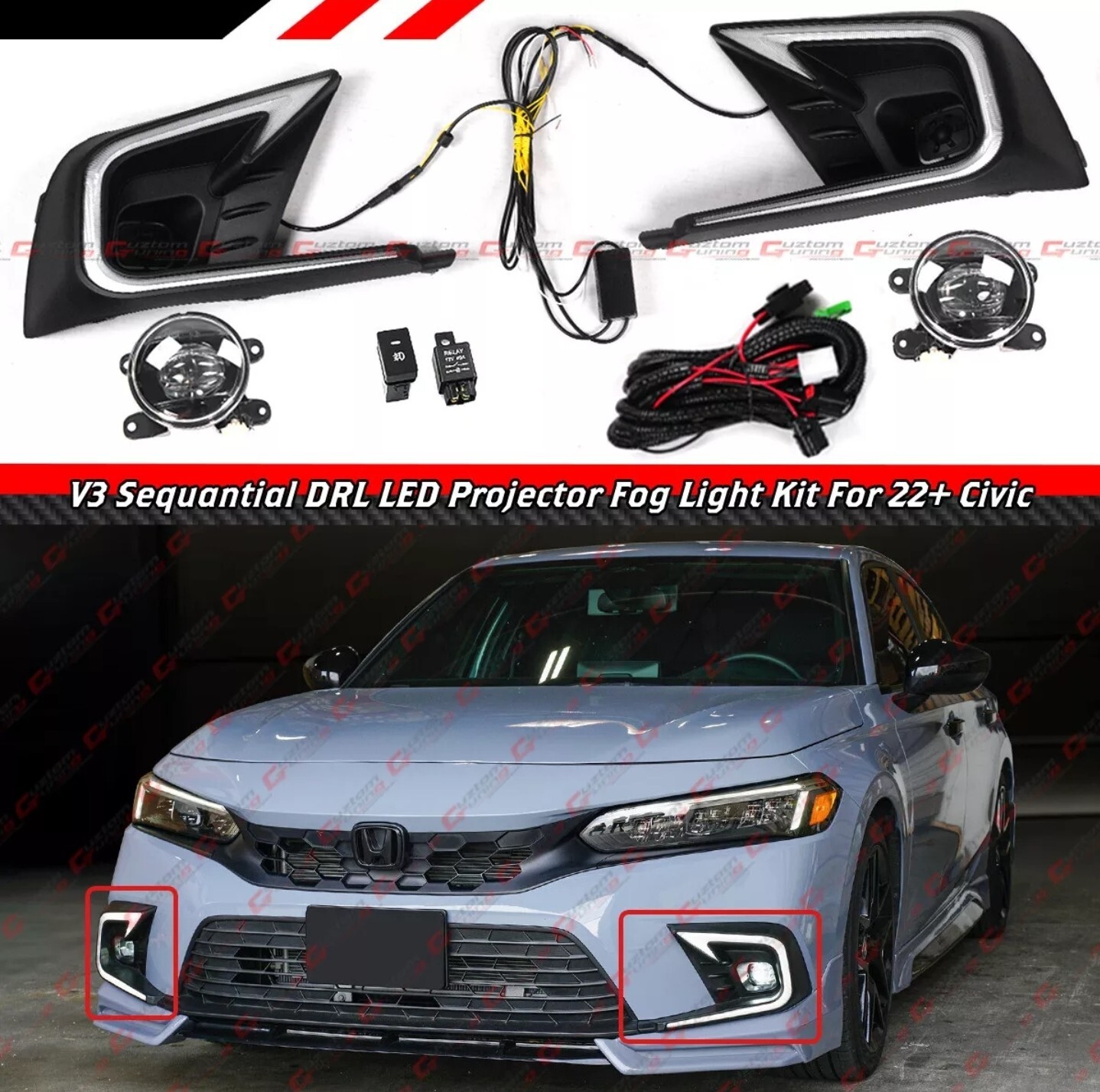 22-24 CIVIC V3 SEQUENTIAL DRL LED BEZEL COVER + CLEAR PROJECTOR FOG LENS KIT