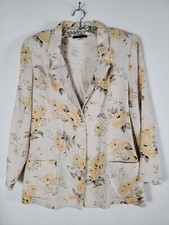 Sag Harbor Vintage Linen Blend Floral Blazer Jacket Women Size 14P Ivory Pockets