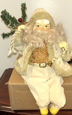 Christmas Fabric Santa Claus in Ivory  Gold Shelf Sitter approx. 16" x 9"