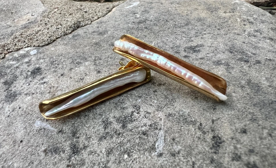 Biwa Pearl Post Earrings  1⅜" Length Aureus + Argent | Roost Overstock - Image 3 of 4