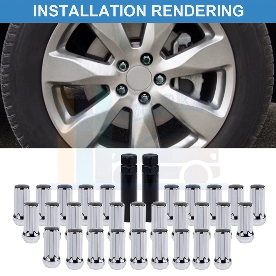 32 Pcs +2 Keys Chrome 9/16"-18 Spline Lug Nuts For Ford & Dodge Ram 2500 & 3500 Foto 3 de 4