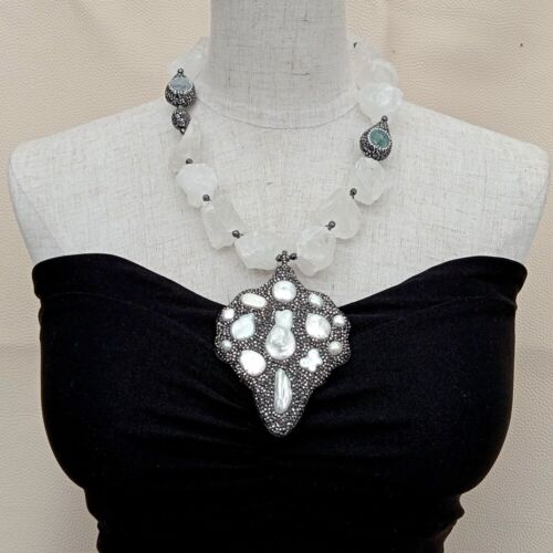 White Quartz Rough Necklace big pendant white pearl black crystal pave Pendant - Picture 3 of 7