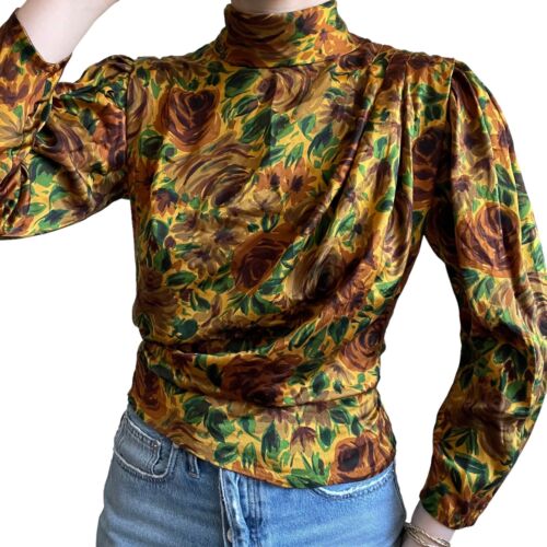 Vintage Womens 100% Silk Floral Romantic Mock Neck Long Sleeve Boho Blouse Sz M - Picture 5 of 8