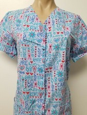 Blue Love Care Pink Ribbon Breast Cancer Awareness Scrub Top size S Snap Button