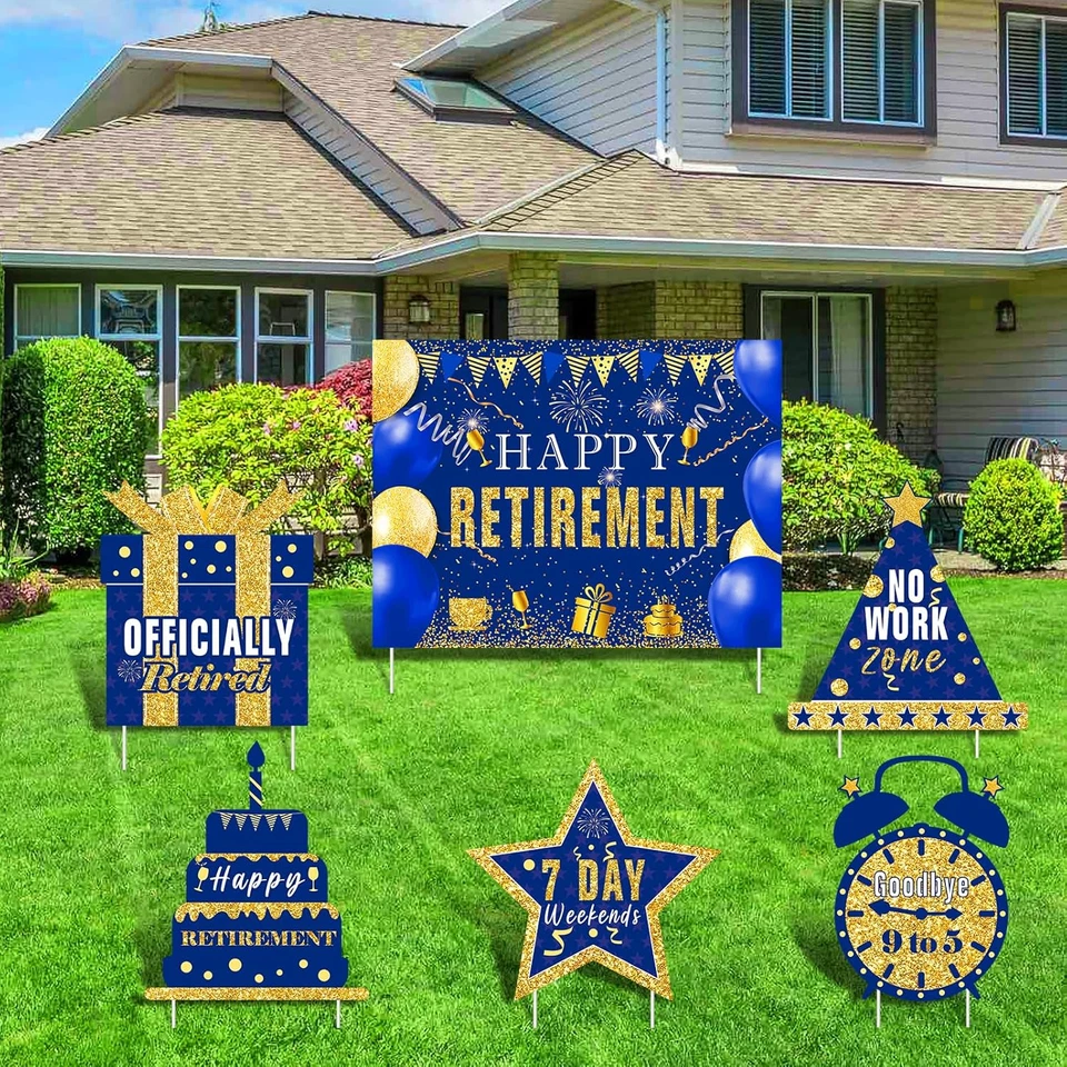 6 piezas letrero de patio de jubilación azul dorado decoraciones de fiesta de jubilación para hombres Happy R Foto 2 de 4