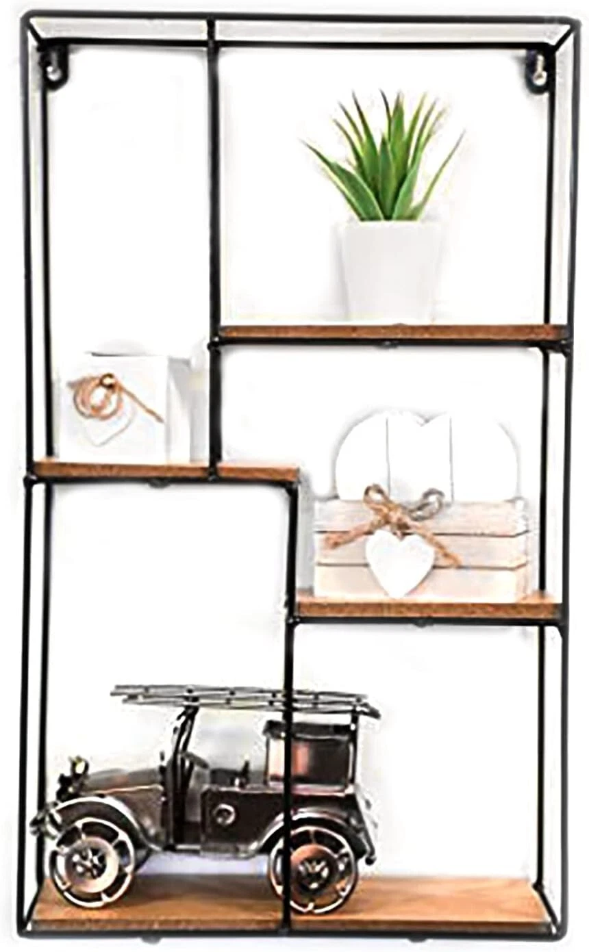 Hanging Wall Shelf Unit Storage Display Shelves Wood Metal Home 4 Tier Shelving