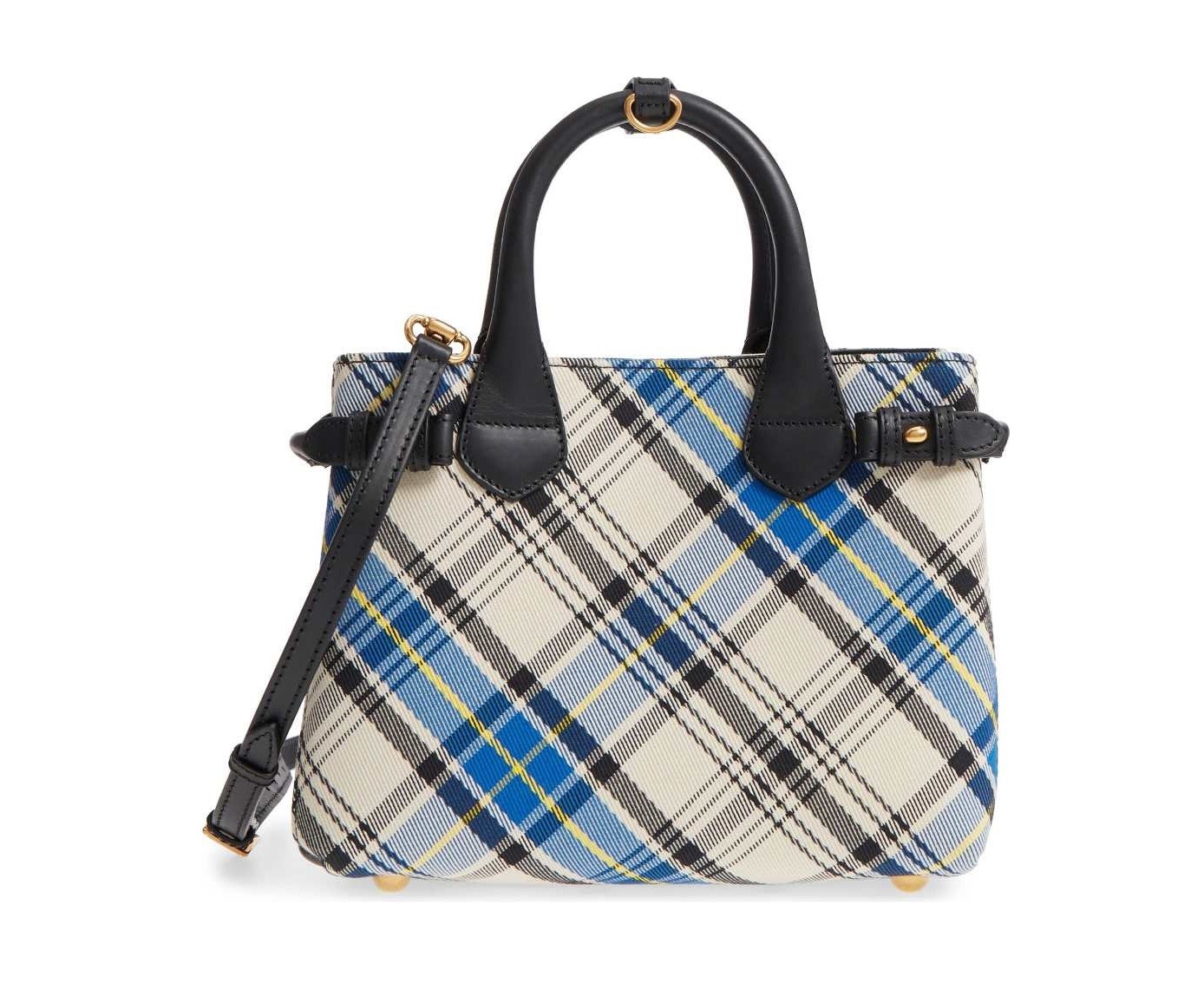 Burberry Women's Small Banner Tartan Mix & Leather Tote,Chalk White, MSRP $1,290