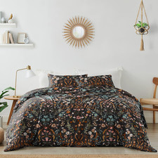 Boho Black  Orange Wildflower King Duvet Set - Vintage Floral Bedding