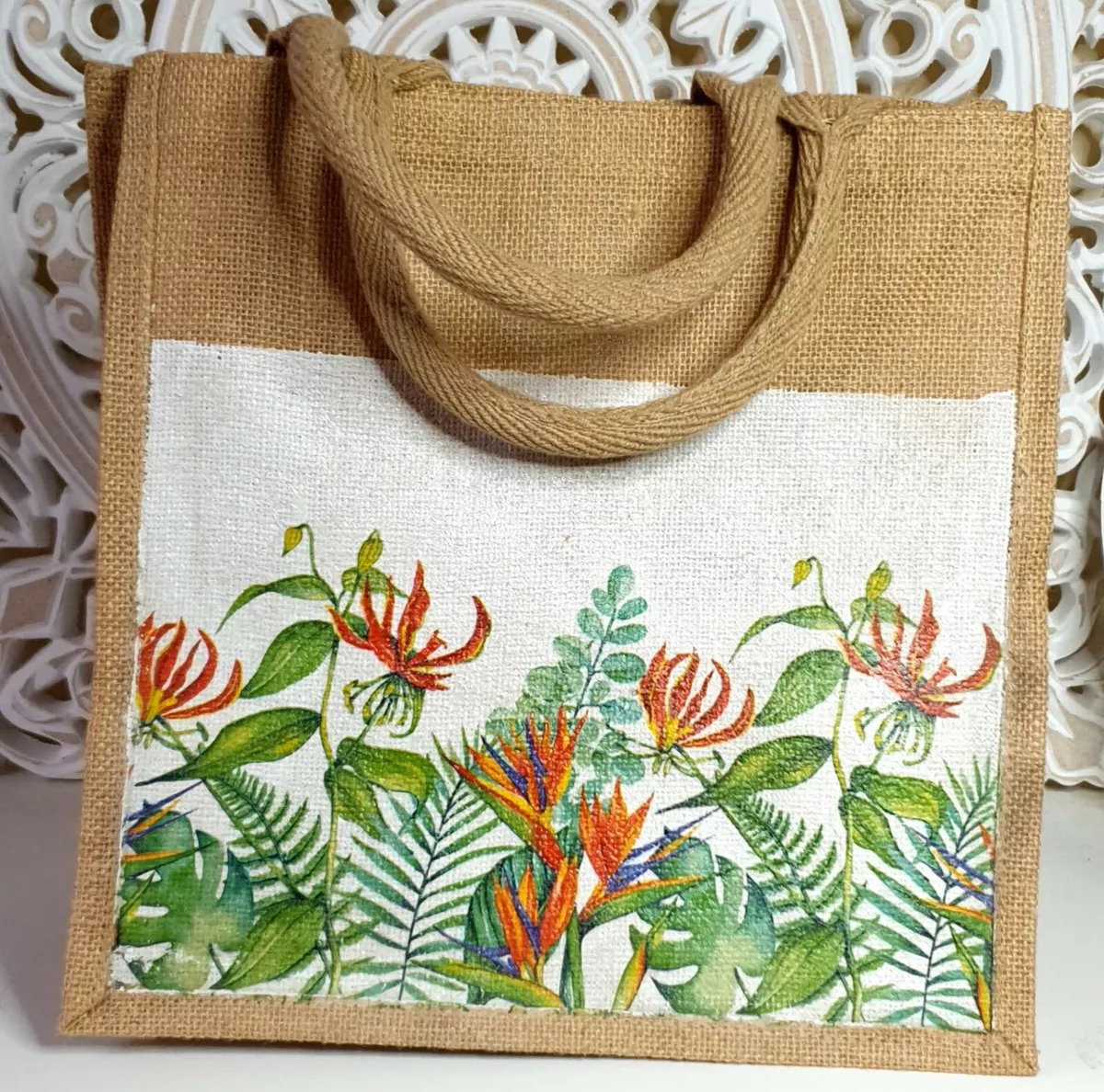Summer Decoupage Shopper Hamper Knitting Gift Jute Hessian Tote Bag see video