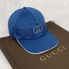 Gucci GG Monogram Interlocking G Patch Logo Nylon Baseball Cap Hat Blue Size M