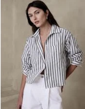 Banana Republic Cropped Shirt Green Cabana Stripe Modern Boxy