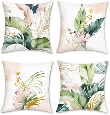 Tropical Leaves Throw Pillow Covers 18x18 Set of 4 Green and Pink Palm Leaf D...
