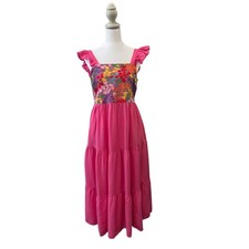 J Marie Embroidered Floral Midi Dress Pink Ruffle Tiered Women's Small Resort