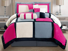 Queen Size 7-Piece Pink  Grey Micro Suede Comforter Set - Bed in a Bag