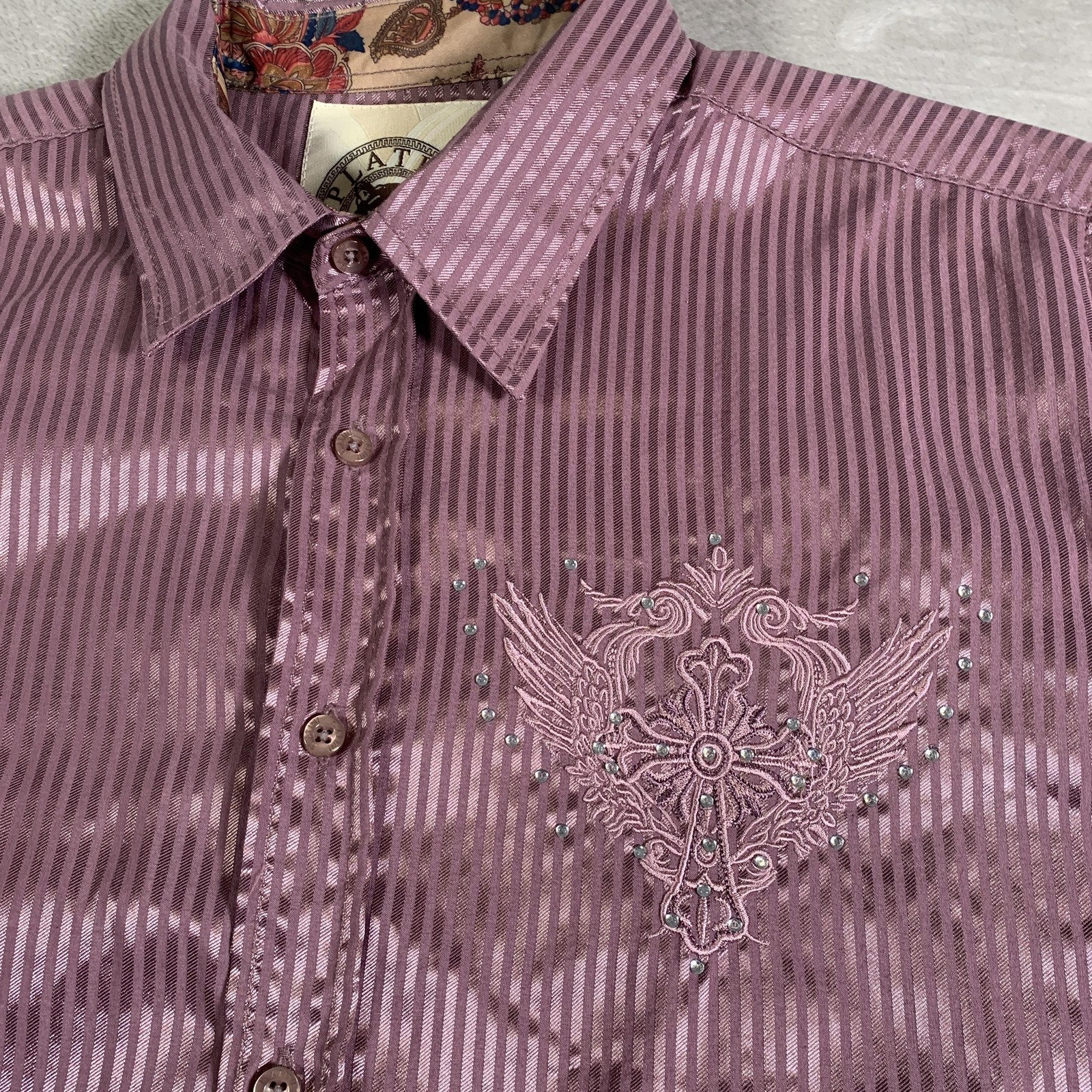 Platini Jeans Cougar Shirt Mens XL Pink Striped Embroidered Cross Rhinestone