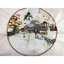 Sunset Crewel Kit Fall Mill Pond Partially Finished 16x16 Fall Landscape 1970s