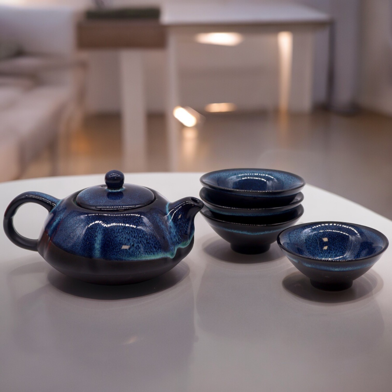 Service à Thé de Cérémonie Bleu Coffret Cadeau Théière et 4 Bols assortis