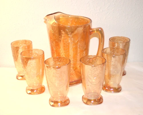 Jeanette Louisa Floragold Pitcher & Set of 6 Tumblers
