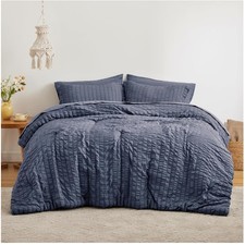 Textured Seersucker Navy Blue King Comforter Set - 7 Pieces