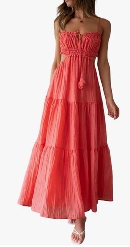 Women’s Tiered Maxi Dress with Adjustable Spaghetti Straps Sz S Watermelon Red