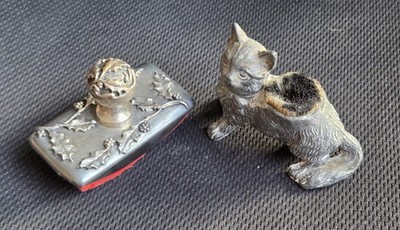 1900 Desk Set, Holly and Cat Decorated Blotter Stamp Pen Brush